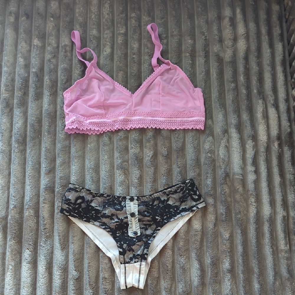 Pink Lace Bralette and Black Lace Panty Set